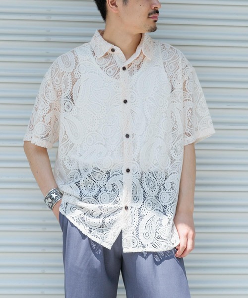 SENSE OF PLACE by URBAN RESEARCH（センスオブプレイスバイアーバンリサーチ）の「『ユニセックス』ペイズリーレースシャツ(5分袖)（シャツ/ブラウス・メンズ・ライトカーキ/チャコールグレー/アイボリー・LARGE/MEDIUM）」の17枚目の写真