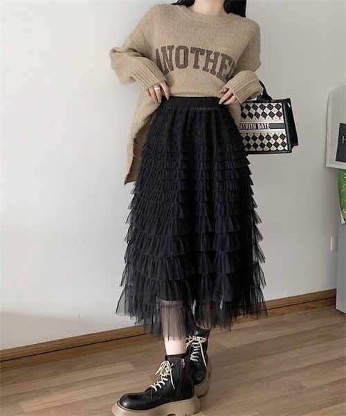 FREE STYLISTS(フリー スタイリスト)の「チュールフリル ロングスカート(スカート・レディース・カーキ/ピンク/ブラック/アイボリー/グレー・FREE)」の6枚目の写真
