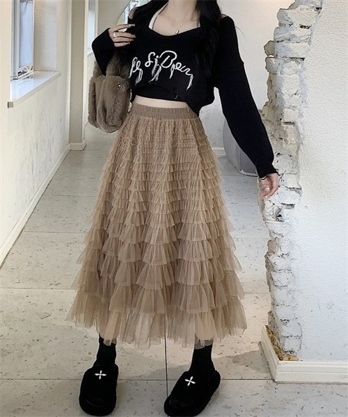 FREE STYLISTS(フリー スタイリスト)の「チュールフリル ロングスカート(スカート・レディース・カーキ/ピンク/ブラック/アイボリー/グレー・FREE)」の20枚目の写真
