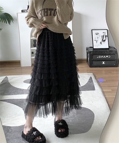 ブラックチュールフリルロングスカート イング INGNI チュールフリルスカート （クロ） - ファッション