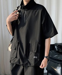 【セットアップ】ビッグシルエットハーフジップカーゴポケット半袖プルオーバー&ワイドカーゴショートパンツ