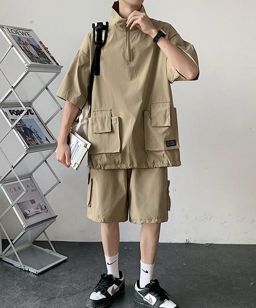 Anchor Smith（アンカー スミス）の「【セットアップ】ビッグシルエットハーフジップカーゴポケット半袖プルオーバー＆ワイドカーゴショートパンツ（セットアップ・メンズ・ベージュ/ホワイト/ブラック・M/L）」の14枚目の写真