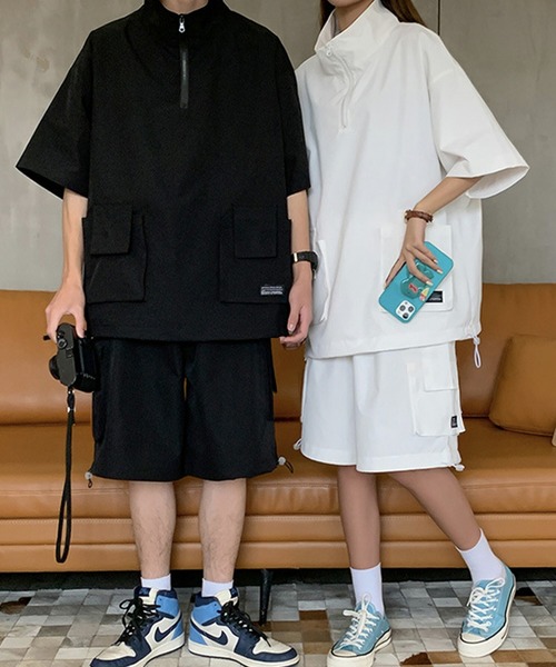 Anchor Smith（アンカー スミス）の「【セットアップ】ビッグシルエットハーフジップカーゴポケット半袖プルオーバー＆ワイドカーゴショートパンツ（セットアップ・メンズ・ベージュ/ホワイト/ブラック・M/L）」の11枚目の写真