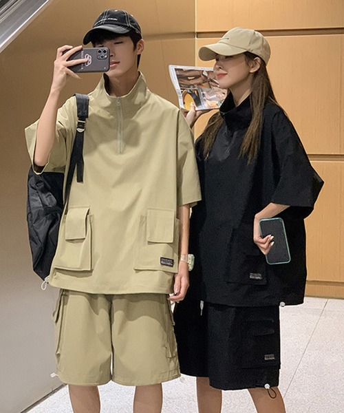 Anchor Smith（アンカー スミス）の「【セットアップ】ビッグシルエットハーフジップカーゴポケット半袖プルオーバー＆ワイドカーゴショートパンツ（セットアップ・メンズ・ベージュ/ホワイト/ブラック・M/L）」の7枚目の写真