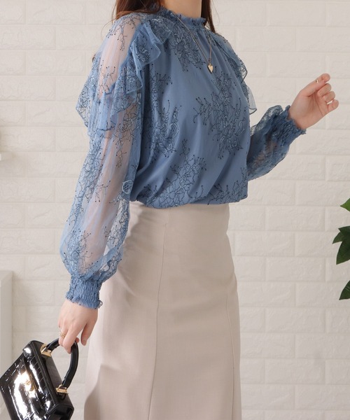 Lace Ladies(レースレディース)の「フリルハイネックレーシィブラウス(シャツ/ブラウス・レディース・ピンク/ブルー/ホワイト/ブラック・FREE/S)」の3枚目の写真