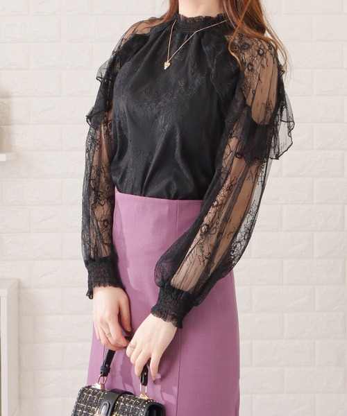 Lace Ladies(レースレディース)の「フリルハイネックレーシィブラウス(シャツ/ブラウス・レディース・ピンク/ブルー/ホワイト/ブラック・FREE/S)」の2枚目の写真