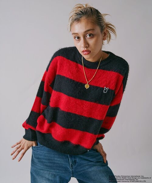 PLAYBOY(プレイボーイ)の「【SEQUENZ】 PLAYBOY MOHAIR LIKE BORDER CN / プレイボーイ グランジ ボーダー クルーネック モヘアニット(ニット/セーター・メンズ・ブラック/レッド/グレー・MEDIUM/LARGE/X-LARGE)」の4枚目の写真