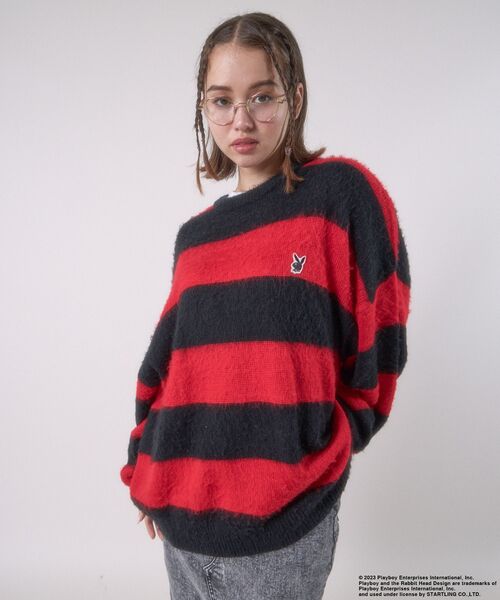 PLAYBOY(プレイボーイ)の「【SEQUENZ】 PLAYBOY MOHAIR LIKE BORDER CN / プレイボーイ グランジ ボーダー クルーネック モヘアニット(ニット/セーター・メンズ・ブラック/レッド/グレー・MEDIUM/LARGE/X-LARGE)」の5枚目の写真