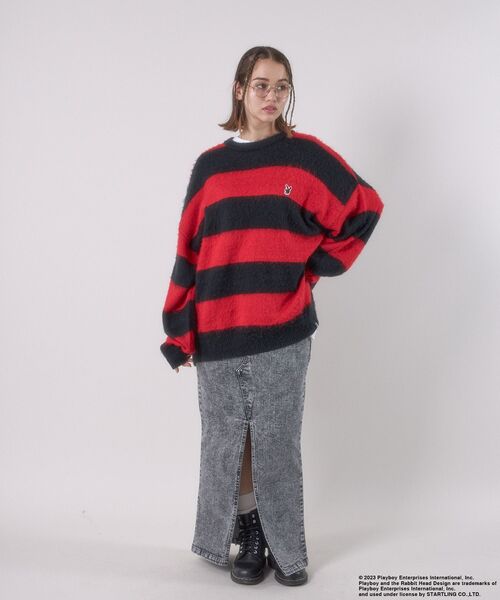 PLAYBOY(プレイボーイ)の「【SEQUENZ】 PLAYBOY MOHAIR LIKE BORDER CN / プレイボーイ グランジ ボーダー クルーネック モヘアニット(ニット/セーター・メンズ・ブラック/レッド/グレー・MEDIUM/LARGE/X-LARGE)」の6枚目の写真