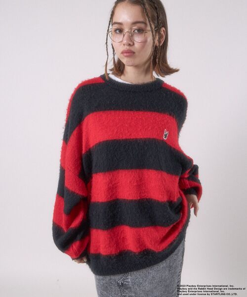 PLAYBOY(プレイボーイ)の「【SEQUENZ】 PLAYBOY MOHAIR LIKE BORDER CN / プレイボーイ グランジ ボーダー クルーネック モヘアニット(ニット/セーター・メンズ・ブラック/レッド/グレー・MEDIUM/LARGE/X-LARGE)」の7枚目の写真