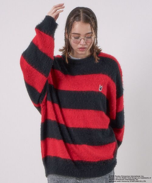 PLAYBOY(プレイボーイ)の「【SEQUENZ】 PLAYBOY MOHAIR LIKE BORDER CN / プレイボーイ グランジ ボーダー クルーネック モヘアニット(ニット/セーター・メンズ・ブラック/レッド/グレー・MEDIUM/LARGE/X-LARGE)」の9枚目の写真