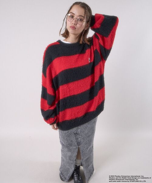 PLAYBOY(プレイボーイ)の「【SEQUENZ】 PLAYBOY MOHAIR LIKE BORDER CN / プレイボーイ グランジ ボーダー クルーネック モヘアニット(ニット/セーター・メンズ・ブラック/レッド/グレー・MEDIUM/LARGE/X-LARGE)」の11枚目の写真