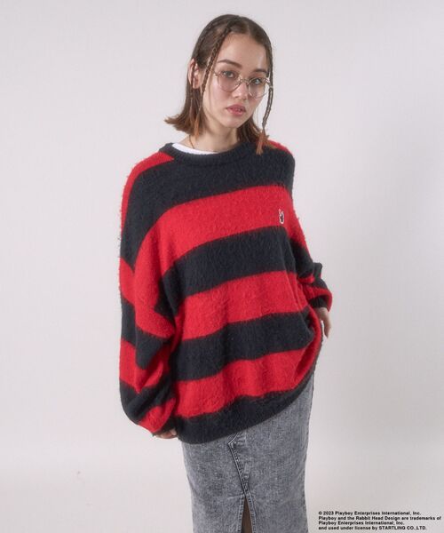 PLAYBOY(プレイボーイ)の「【SEQUENZ】 PLAYBOY MOHAIR LIKE BORDER CN / プレイボーイ グランジ ボーダー クルーネック モヘアニット(ニット/セーター・メンズ・ブラック/レッド/グレー・MEDIUM/LARGE/X-LARGE)」の12枚目の写真
