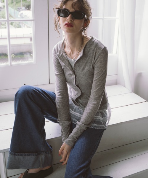 HANNE(アン)の「シアーリブカーディガン(カーディガン/ボレロ・レディース・ネイビー/ブラック/グレー/ホワイト/ピンク/マスタード/チャコールグレー/ベージュ・FREE)」の5枚目の写真