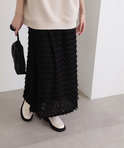 N.（N. Natural Beauty Basic）（エヌエヌナチュラルビューティーベーシック）の「◆フリンジカットジャガードスカート（スカート・レディース・ブラック/クリーム・MEDIUM）」の2枚目の写真