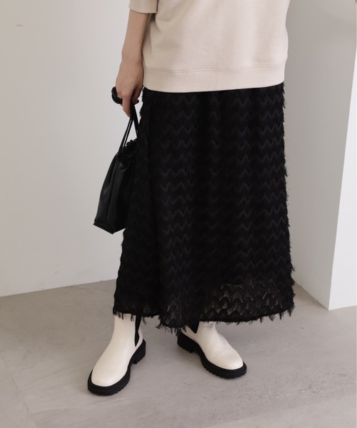 N.（N. Natural Beauty Basic）（エヌエヌナチュラルビューティーベーシック）の「◆フリンジカットジャガードスカート（スカート・レディース・ブラック/クリーム・MEDIUM）」の6枚目の写真