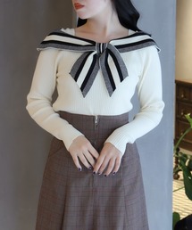 配色リボンショールカラーニット