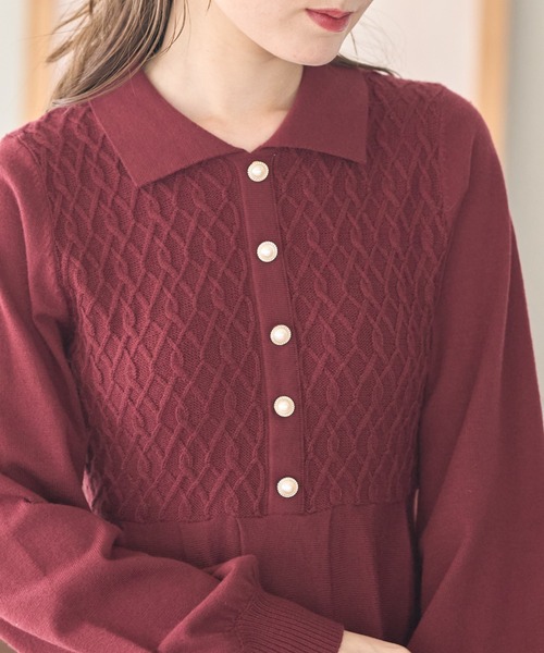 tocco closet（トッコ　クローゼット）の「２ＷＡＹリボン付きパール装飾ケーブル編み切り替えニットワンピース（ワンピース・レディース・ブラック/ベージュ/ボルドー・M）」の20枚目の写真