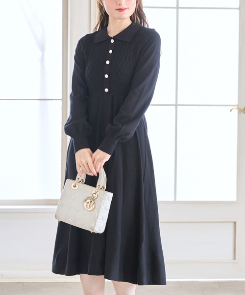 tocco closet（トッコ　クローゼット）の「２ＷＡＹリボン付きパール装飾ケーブル編み切り替えニットワンピース（ワンピース・レディース・ブラック/ベージュ/ボルドー・M）」の8枚目の写真
