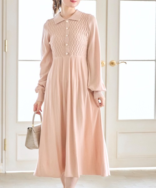 tocco closet（トッコ　クローゼット）の「２ＷＡＹリボン付きパール装飾ケーブル編み切り替えニットワンピース（ワンピース・レディース・ブラック/ベージュ/ボルドー・M）」の19枚目の写真