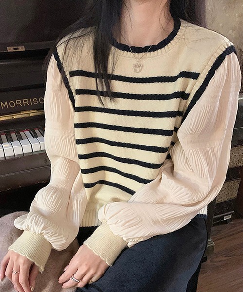 Amulet(アミュレット)の「パフスリーブドッキングカットソー(Tシャツ/カットソー・レディース・ブラック/ベージュ・FREE)」の7枚目の写真