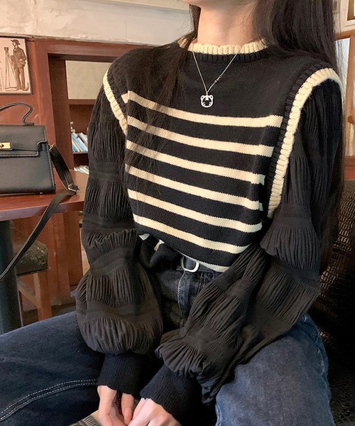 Amulet(アミュレット)の「パフスリーブドッキングカットソー(Tシャツ/カットソー・レディース・ブラック/ベージュ・FREE)」の8枚目の写真