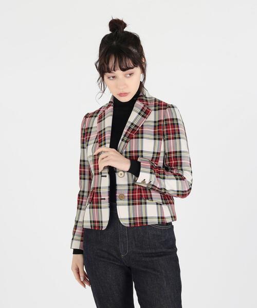 To b. by agnes b.（トゥービーバイアニエスベー）の「WU67 VESTE タータンチェックジャケット（テーラードジャケット・レディース・ベージュ・38/36/40）」の2枚目の写真