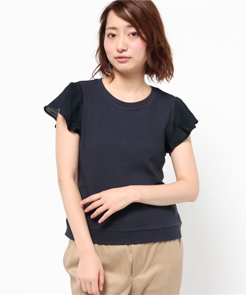 mystic（ミスティック）の「袖シフォンテレコTシャツ（Tシャツ/カットソー・レディース・オフホワイト/グレー/ブラック/ネイビー・ﾌﾘ-）」の4枚目の写真