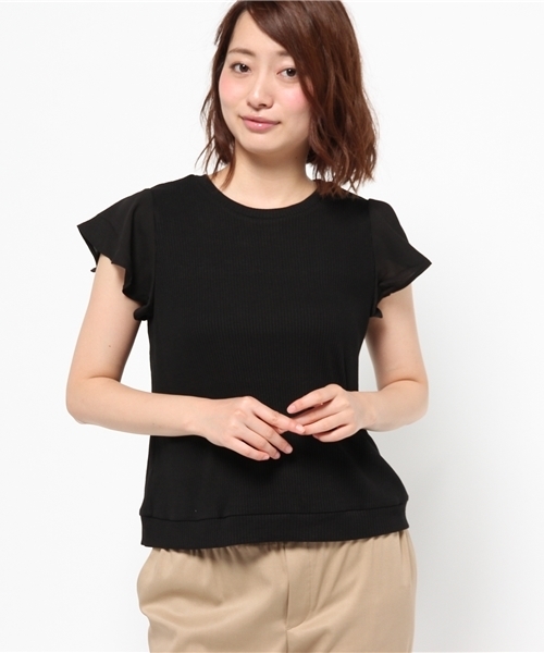 mystic（ミスティック）の「袖シフォンテレコTシャツ（Tシャツ/カットソー・レディース・オフホワイト/グレー/ブラック/ネイビー・ﾌﾘ-）」の3枚目の写真