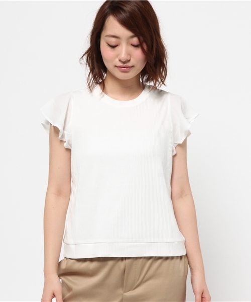 mystic（ミスティック）の「袖シフォンテレコTシャツ（Tシャツ/カットソー・レディース・オフホワイト/グレー/ブラック/ネイビー・ﾌﾘ-）」の5枚目の写真