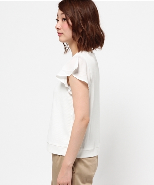 mystic（ミスティック）の「袖シフォンテレコTシャツ（Tシャツ/カットソー・レディース・オフホワイト/グレー/ブラック/ネイビー・ﾌﾘ-）」の6枚目の写真