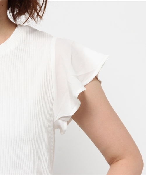 mystic（ミスティック）の「袖シフォンテレコTシャツ（Tシャツ/カットソー・レディース・オフホワイト/グレー/ブラック/ネイビー・ﾌﾘ-）」の9枚目の写真