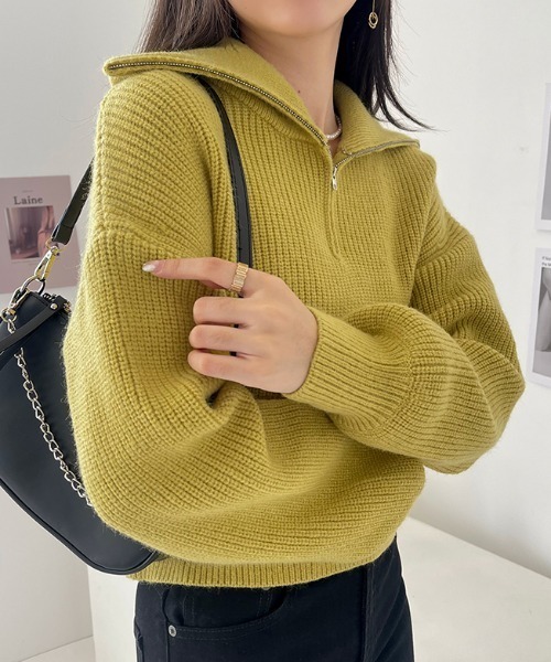 COCOMOMO(ココモモ)の「クロップド丈ハーフジップニット(ニット/セーター・レディース・イエロー/ベージュ/ブラック・FREE)」の9枚目の写真