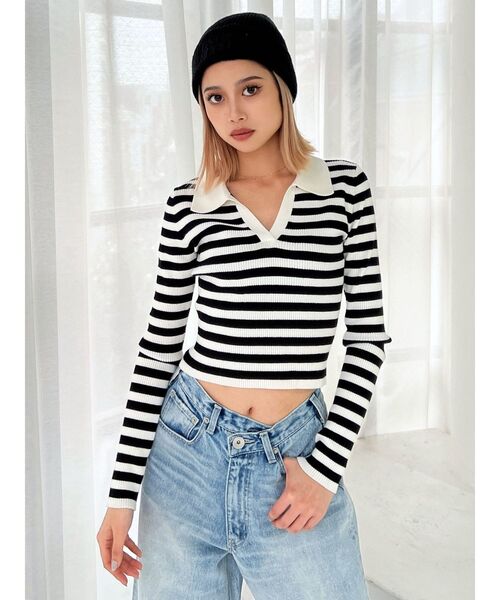 GYDA（ジェイダ）の「POLO ニットトップス（ニット/セーター・レディース・ブラック/オフホワイト/その他1・FREE）」の7枚目の写真