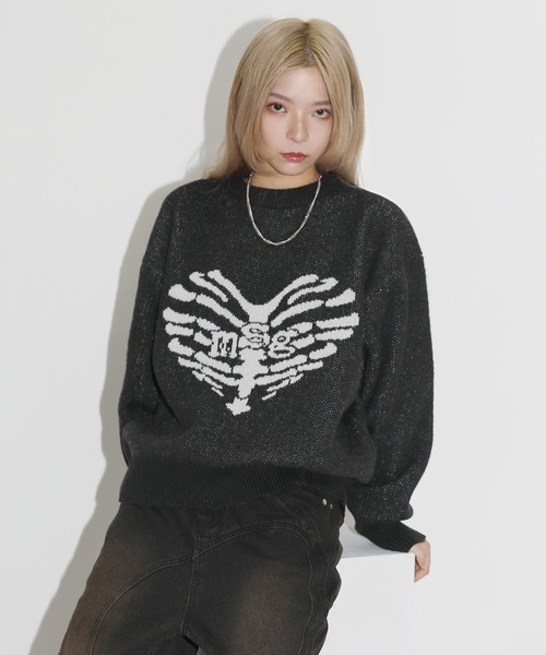 MSG(エムエスジー)の「ダブルジャガードハートモチーフオーバーサイズニット(ニット/セーター・メンズ・オフホワイト/ブラック/ライトグリーン・L/M/S)」の16枚目の写真