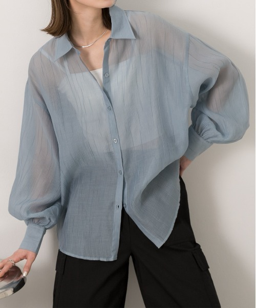 ad thie（アドティエ）の「サッカー素材 ビッグシアーシャツ（シャツ/ブラウス・レディース・ブルー/オフホワイト/ブラック/イエロー/ピンク/ライトグレー・FREE）」の4枚目の写真