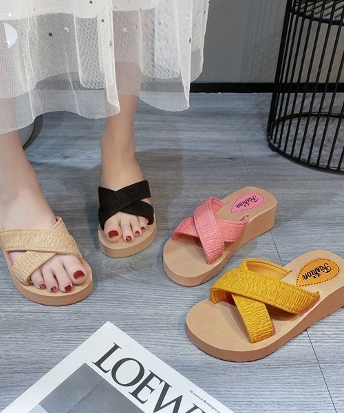 Miniministore(ミニミニストア)の「厚底サンダルジュート風クロスサンダル美脚(サンダル・レディース・ピンク/イエロー/ベージュ/ブラック・24.0cm/23.0cm/25.0cm/24.5cm/23.5cm)」の20枚目の写真