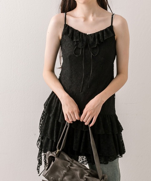 OLIVE des OLIVE（オリーブデオリーブ）の「ラッフルリボンミニキャミワンピース（ワンピース・レディース・ブラック/ブラウン系その他/オフホワイト/ブラウン・FREE）」の3枚目の写真