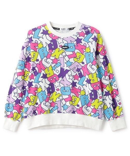 X-girl Stages(エックスガールステージス)の「ロゴ総柄トレーナー(スウェット・キッズ・オフホワイト/ブラック・80cm/90cm/100cm/110cm/120cm/130cm/140cm)」の12枚目の写真