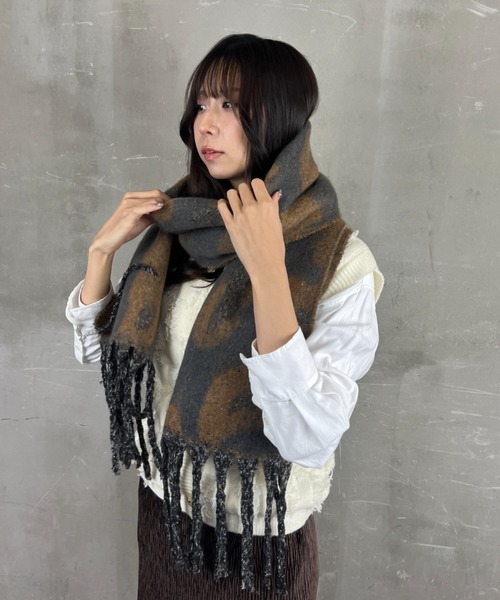 セール】レオパード総柄 もちもち 大判厚手マフラー（マフラー