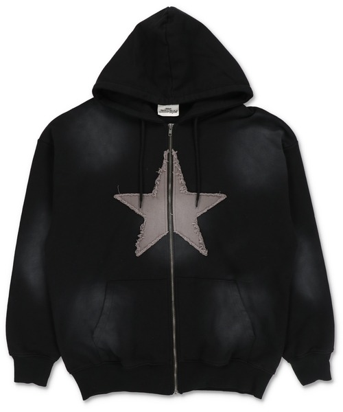 HUF 星型ロゴ フルジップパーカー L ブラック 黒の星とロゴデザインパーカー HUF 星型ロゴ フルジップパーカー L