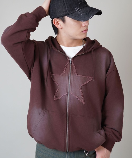 SPINNS（スピンズ）の「グランジ/裏毛フルジップパーカー/ヴィンテージライク星スターロゴ（パーカー・メンズ・ブラック/カーキ/ブラウン・ONESIZE）」の15枚目の写真