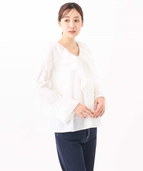 MK MICHEL KLEIN(エムケーミッシェルクラン)の「フリルデザインブラウス/洗える(シャツ/ブラウス・レディース・ライトイエロー/ホワイト・38)」の3枚目の写真