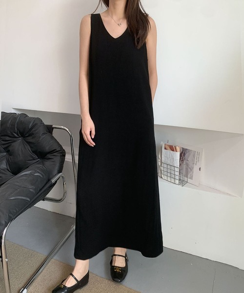 any SiS ノースリーブ ロングワンピース ブラック　【新品未使用】 フィット＆フレアノースリーブロングワンピース＜大きいサイズ有