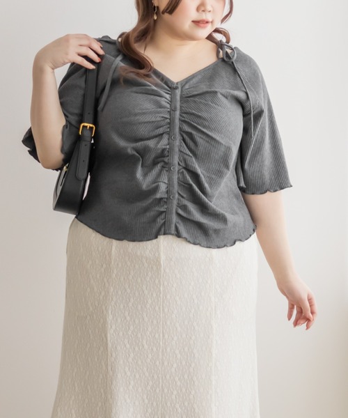 肩リボンギャザー半袖リブプルオーバー（Tシャツ/カットソー