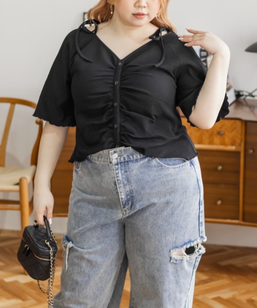 CLETTE(クレット)の「肩リボンギャザー半袖リブプルオーバー(Tシャツ/カットソー・レディース・チャコールグレー/ブラック・4L/3L/LL)」の2枚目の写真