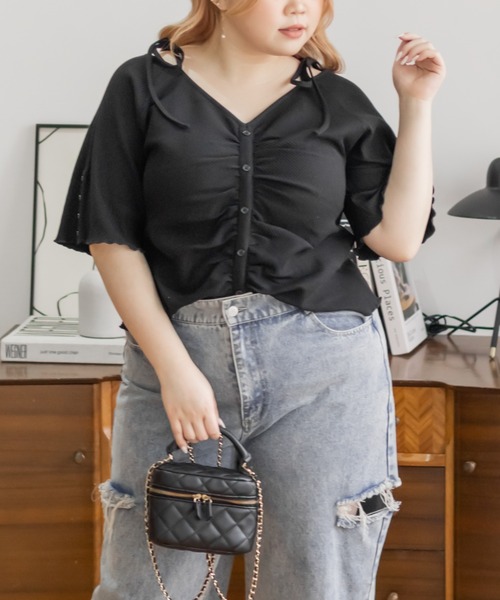 CLETTE(クレット)の「肩リボンギャザー半袖リブプルオーバー(Tシャツ/カットソー・レディース・チャコールグレー/ブラック・4L/3L/LL)」の3枚目の写真
