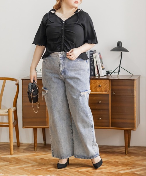 CLETTE(クレット)の「肩リボンギャザー半袖リブプルオーバー(Tシャツ/カットソー・レディース・チャコールグレー/ブラック・4L/3L/LL)」の5枚目の写真
