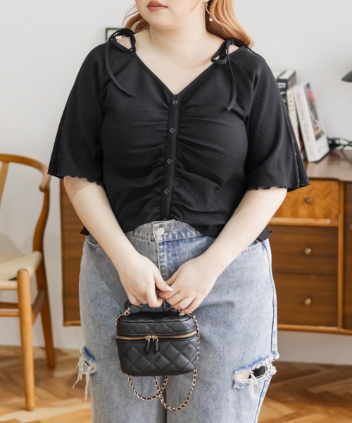 CLETTE(クレット)の「肩リボンギャザー半袖リブプルオーバー(Tシャツ/カットソー・レディース・チャコールグレー/ブラック・4L/3L/LL)」の4枚目の写真