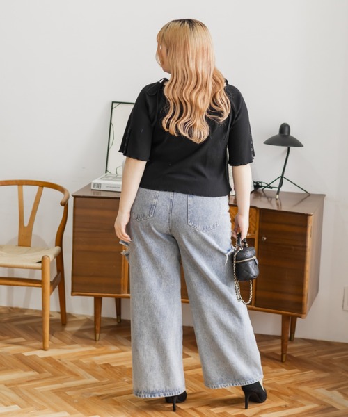 CLETTE(クレット)の「肩リボンギャザー半袖リブプルオーバー(Tシャツ/カットソー・レディース・チャコールグレー/ブラック・4L/3L/LL)」の7枚目の写真